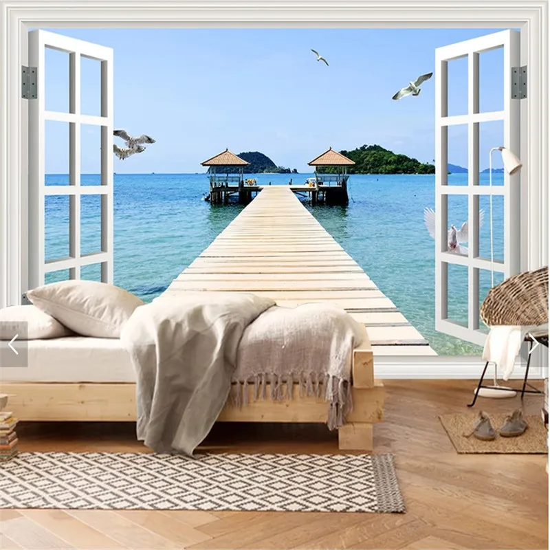 Настенная 3d обои на заказ французское окно вид море фото для гостиной спальни ТВ