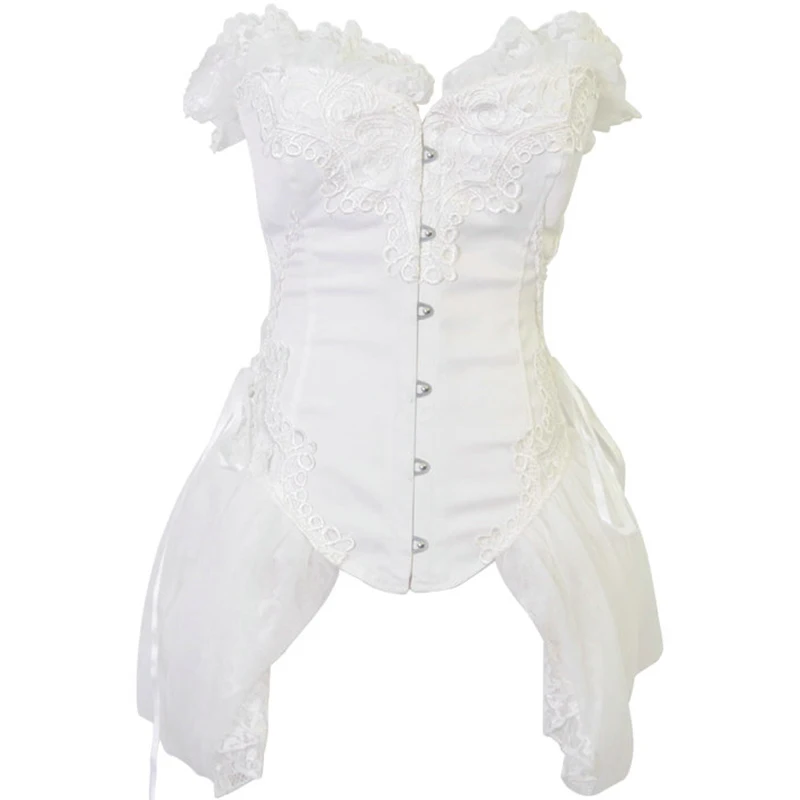 New Sexy White Res Black Satin Metal Buckle Gothic Overbust Lace Ruffle Corset Dress Burlesque Costume Bustier top