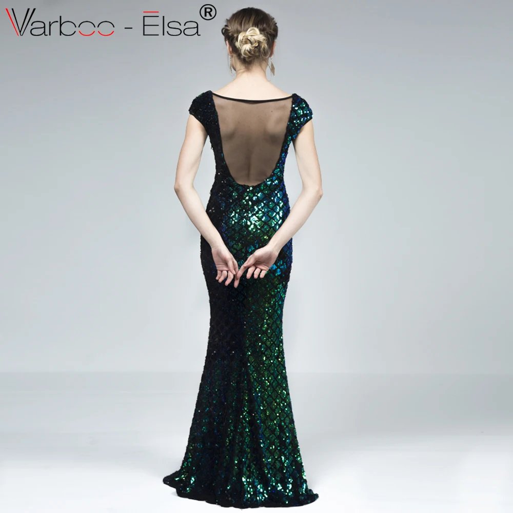 VARBOO_ELSA зеленое блестящее вечернее платье с v-образным вырезом 2018 Дешевое расшитое