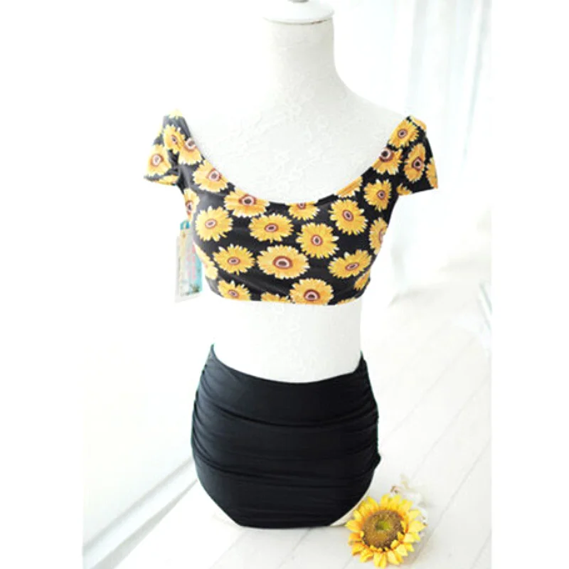 Новинка 2015 женский купальник с принтом подсолнуха пуш-ап высокая талия бикини