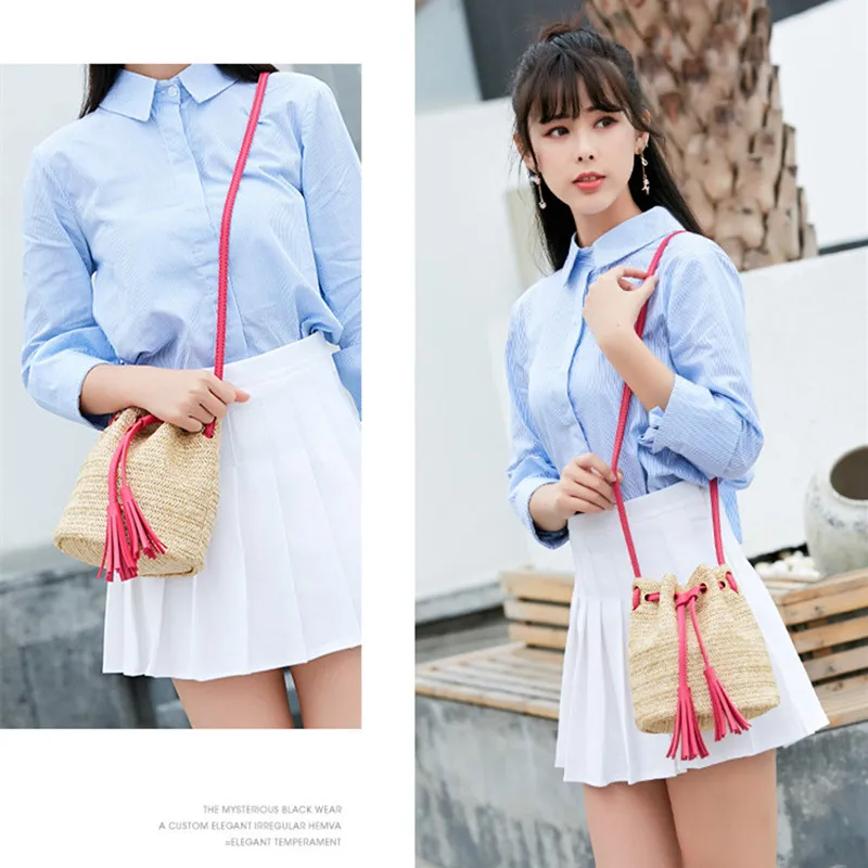 

Casual beach bag straw bags mini tassel braided wicker bags cross body women summer rattan handbag fringe drawstring bucket bag