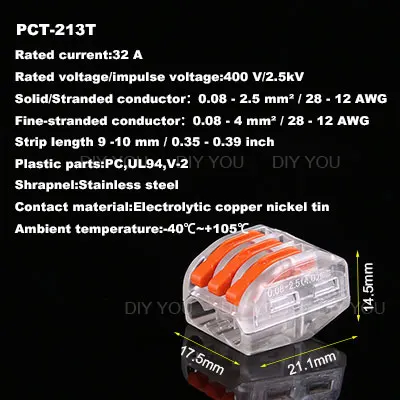 30/50/100 шт PCT-213T Укрась свою 222-413 3Pin Мини Быстрый провод разъема Универсальный проводка кабеля Разъем пуш-ап-в клеммный блок - Цвет: PCT-213T(3 Pin)