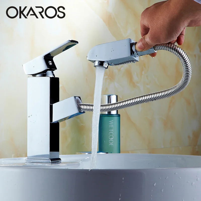 Современный Смеситель OKAROS для раковины в ванной комнате выдвижная