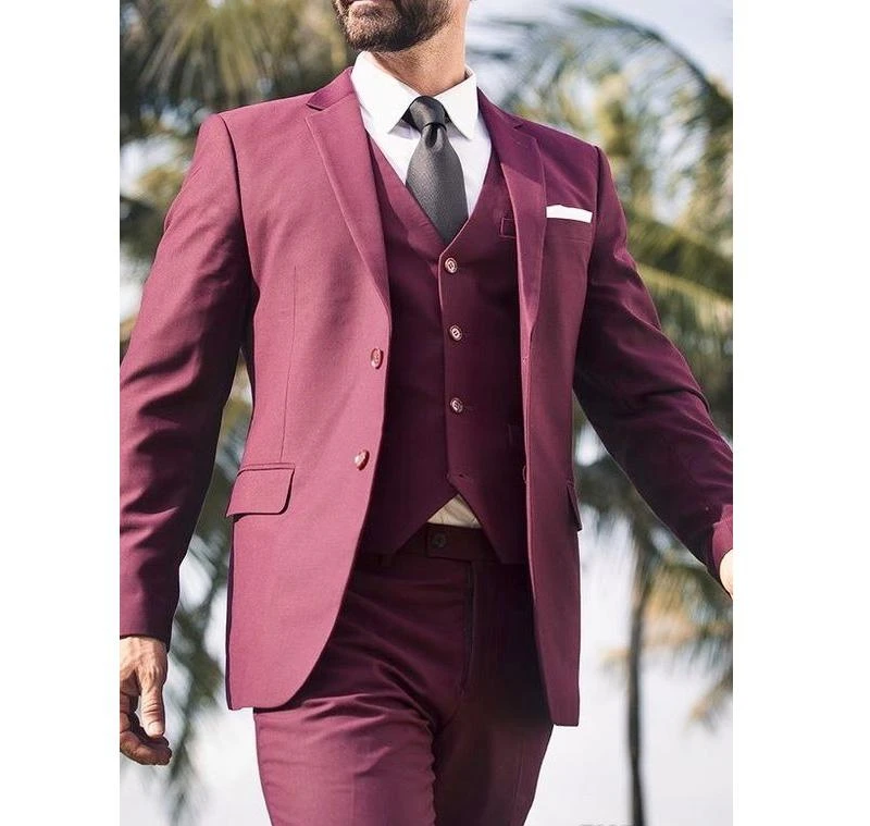 

2019 Burgundy Wedding Men Suits Notched Lapel Casual Style Blazer Jacket Pants Vest Tailored Made Male Suits Three Pieces
