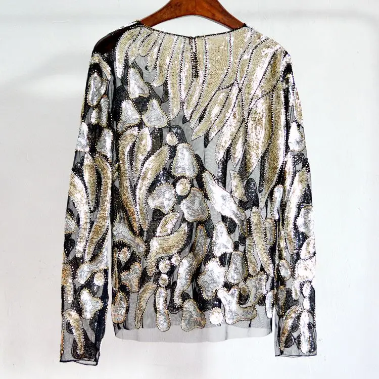 

Korean Tumblr Real 2021 Regular Full Polyester Cotton Print O-neck Sequined Chiffon New Style Women Sequins Sexy Round Neck Top