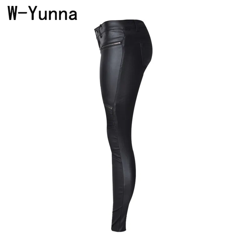 Женские облегающие леггинсы W-Yunna черные брюки из искусственной кожи на молнии