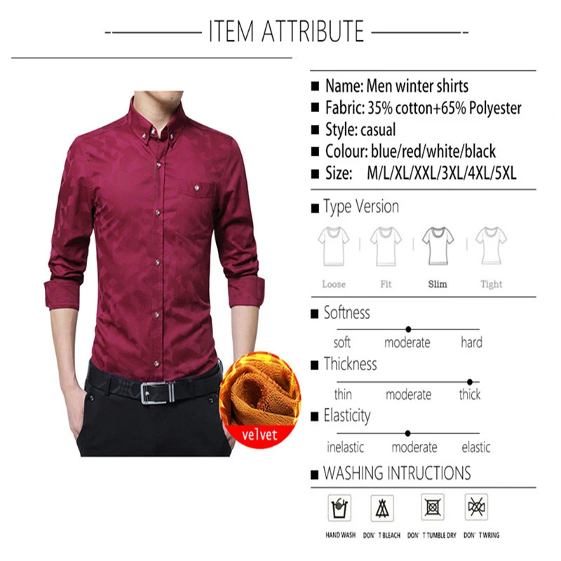 BROWON Winter Mens Dress Shirts Warm Thick Fabric Velvet Shirt Men Turn-down Collar Korean Style Slim Fit Clothes Plus Size | Мужская