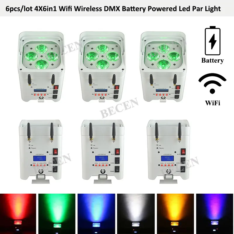 6 шт. перезаряжаемый 4x15 Вт rgbwa uv 6in1 Wifi приложение беспроводной DMX IRC на батарейках