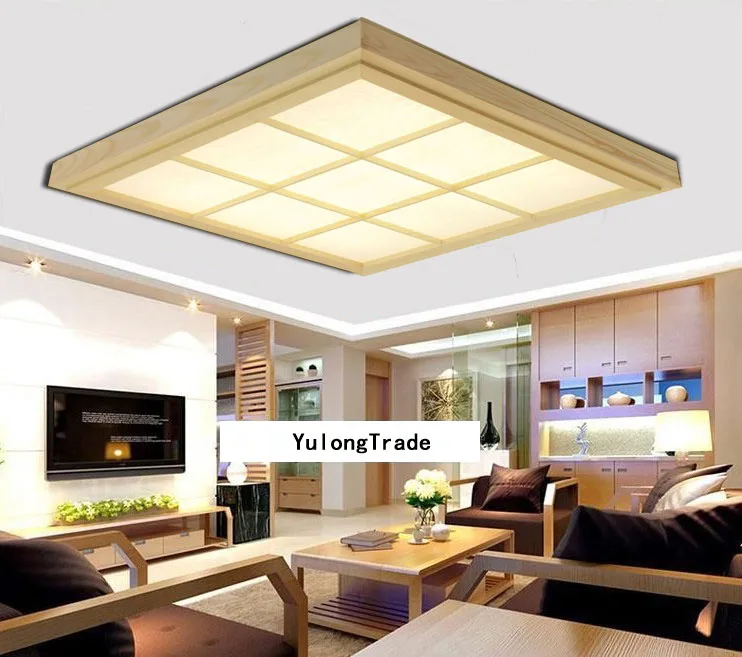 

Japanese Style Tatami Wood Ceiling and Pinus Sylvestris Ultrathin LED Lamp Natural Color Square Grid Paper Ceiling Lamp Fixture