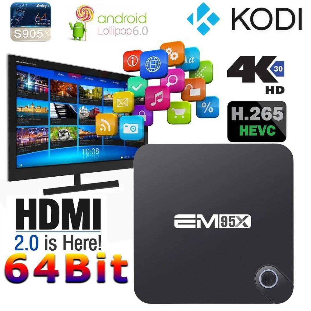 2G/16G Android 6.0 TV Box EM95X Amlogic S905X Quad-Core A53 2.0 GHz Full loaded WiFi 4K H.265 Streaming Media Players | Электроника
