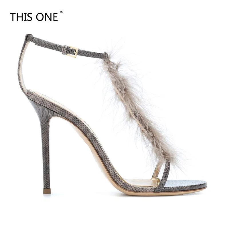 Desiger 2018 summer new high heels 11cm serpentine fur feather buckle strap fashion concise party sandals big size 40-43 | Обувь