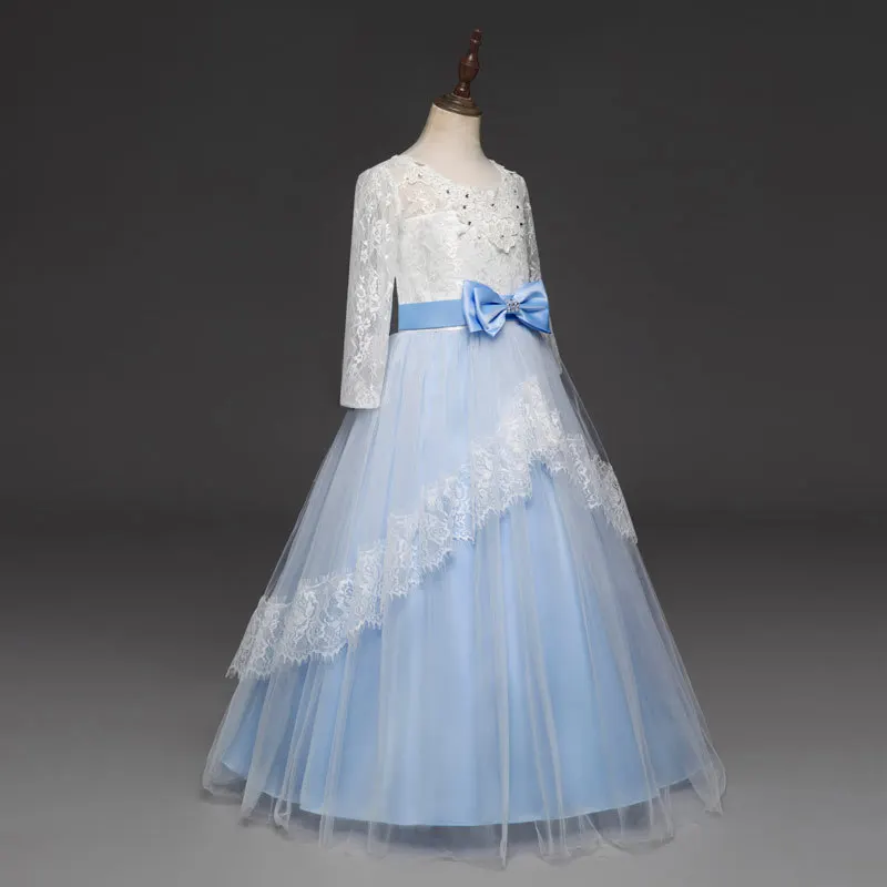 Платья принцессы для девочек длинное кружевное платье с V-образным вырезом сзади