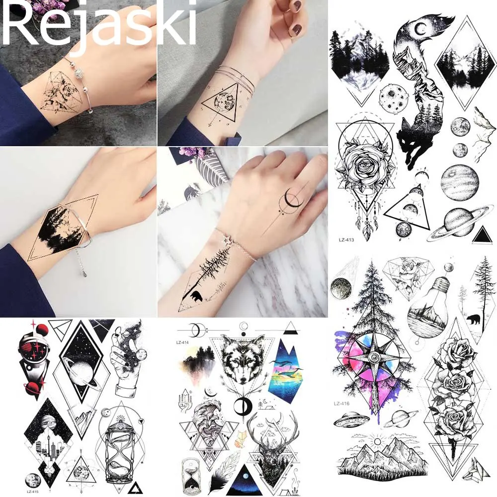 Rejaski временная татуировка, наклейки для женщин, тело, рука, дерево,  тотем, водонепроницаемый, на запястье, Foream, мужской, черный,  искусственная 