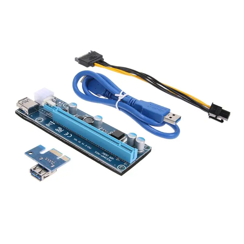 PCI E Express 1x до 16x Райзер адаптер с SATA 15pin 6pin кабелем питания 60 см USB 3 0 кабель для