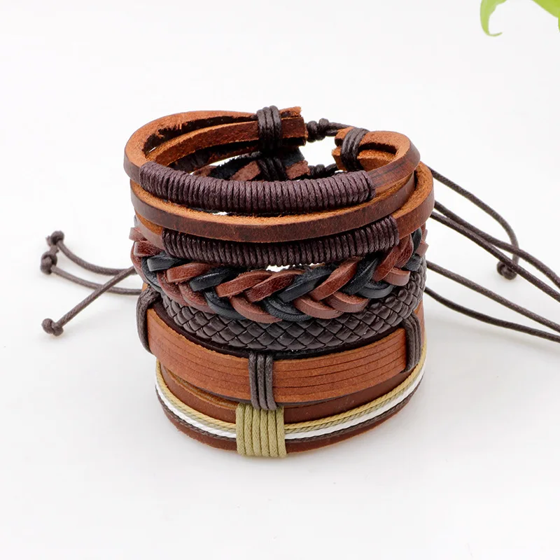 5pcs/set Boho Gypsy Hippie Punk Brown Macrame Leather Beige Cord Wrap Knot Layers Stacked Adjustable Bracelets Set for Man