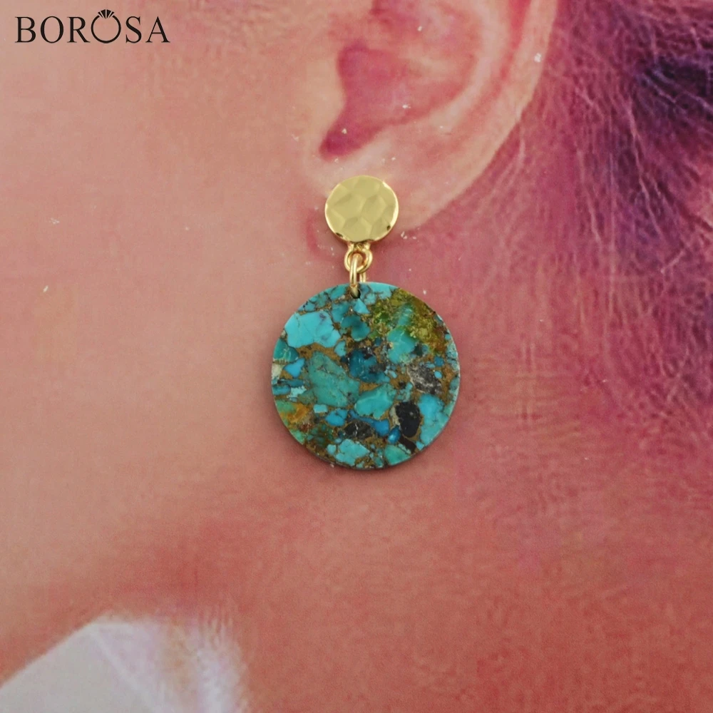 

BOROSA Boho Earrings 5/10Pairs Gold Plated Round Copper Natural Turquoises Drop Earrings Gems Slice Earring Jewelry as Gifts