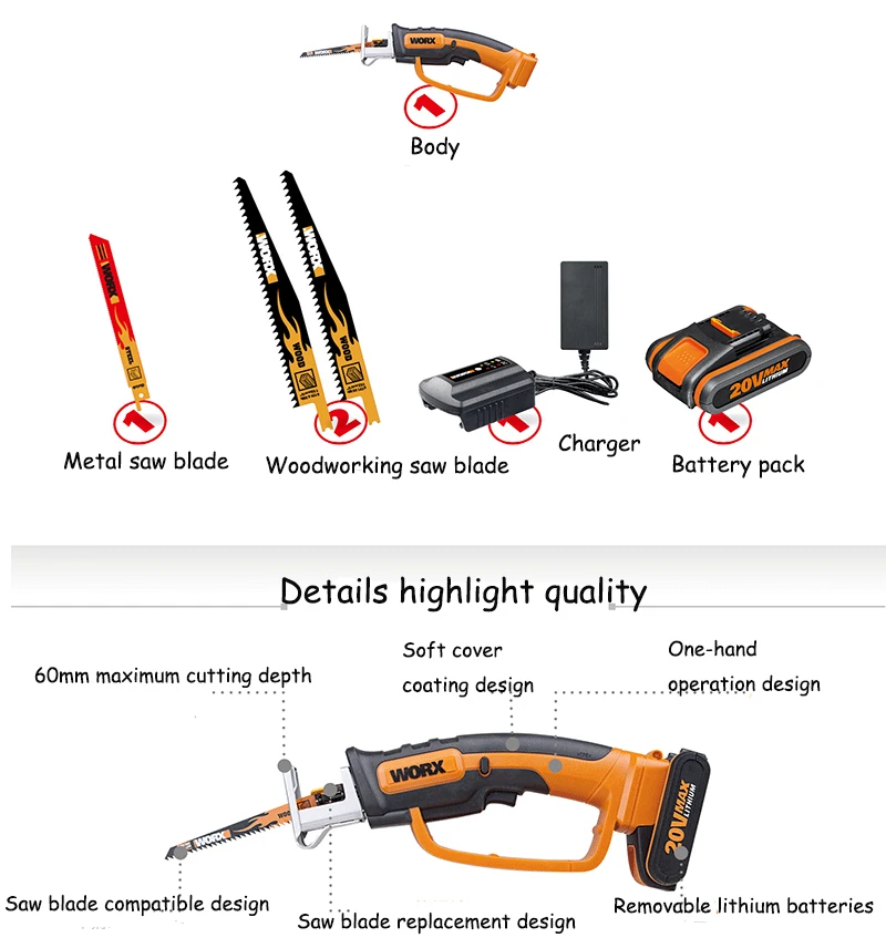 Electric Saw Handheld Power Cutting Tool Rechargeable Garden Wood Cutter Multi-Functional Chainsaw Machine WG894E | Инструменты
