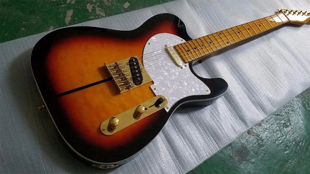 В наличии Custom shop telecast dog tele гитара пламя кленовый шпон топ Золотая фурнитура