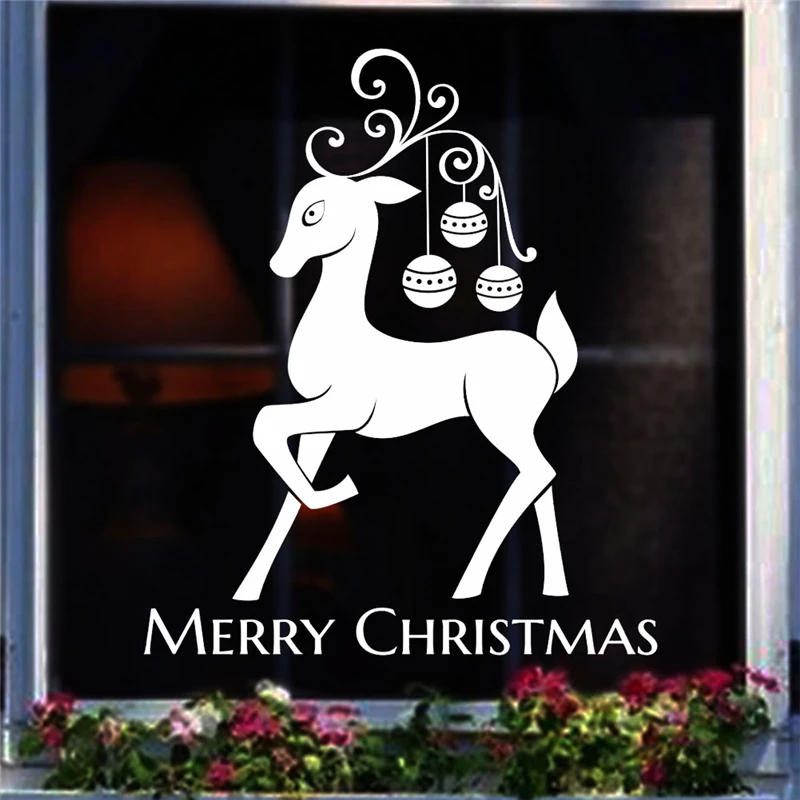 merry christmas wall stickers for kids rooms window home decor new year reindeer decals accessories vinyl mural art | Дом и сад