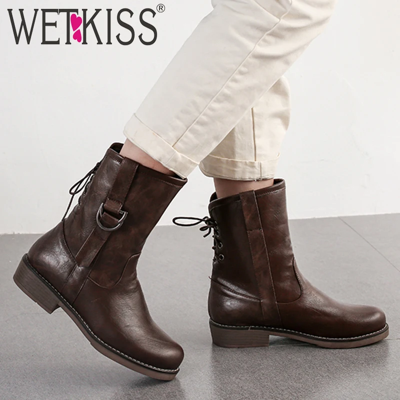 WETKISS/женские сапоги в байкерском стиле Женские ботильоны крест подвязанный