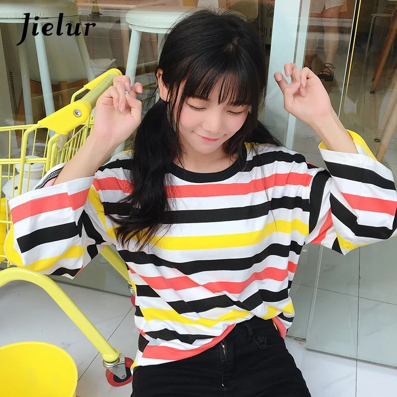 Jielur Chic простые осенние Для женщин Футболки Девушка Свободные круглым вырезом