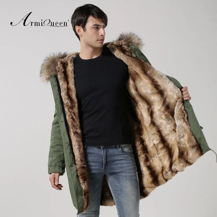 

New Arrival fashion Natural fur collar coat army green big yards long jacket men