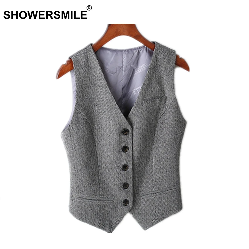 

SHOWERSMILE Grey Suit Vest Women Sleeveless Jacket Female Slim Fit Striped Gray Herringbone Waistcoat England Style Clothes