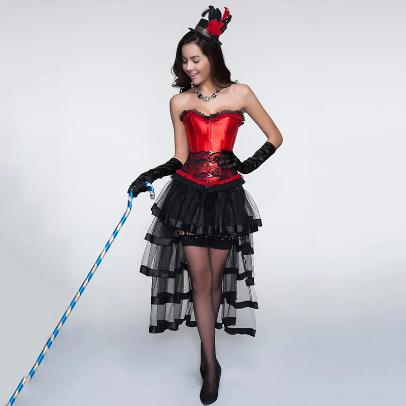 Красный и черный Готический Бурлеск корсет платье с юбкой Corselete Feminino Espartilhos E Corpetes