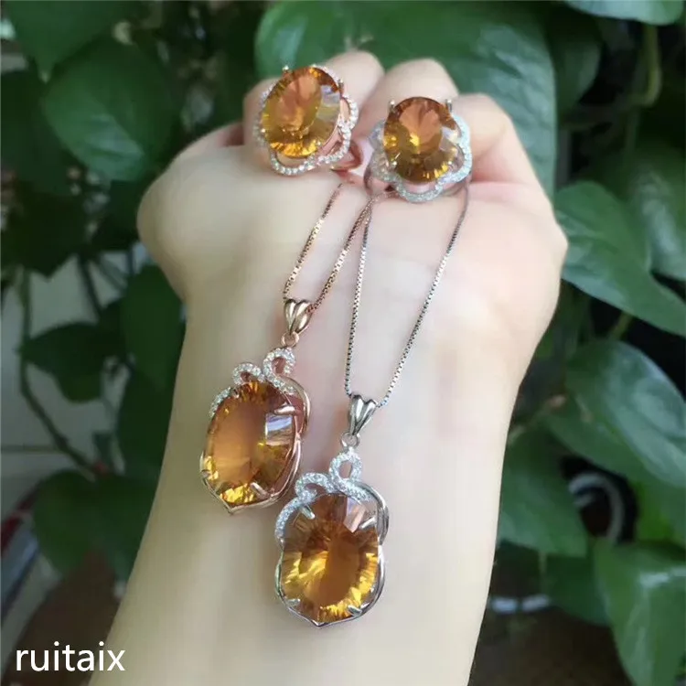 KJJEAXCMY fine jewelry 925 sterling silver inlaid natural citrine female ring + necklace pendant big gem two-piece set | Украшения и