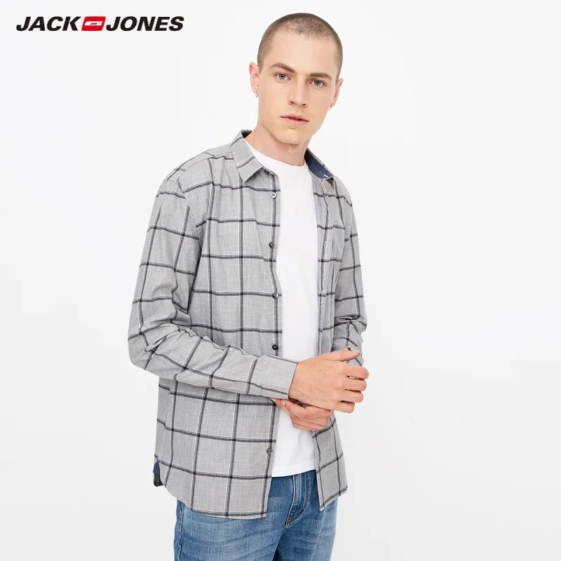 Мужская рубашка в клетку с длинными рукавами JackJones 100% хлопок 218305555|Повседневные