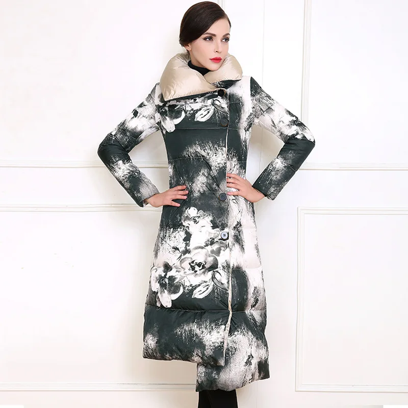 Мода X-длинные Для женщин Белые куртки-пуховики чернил Средства ухода за кожей