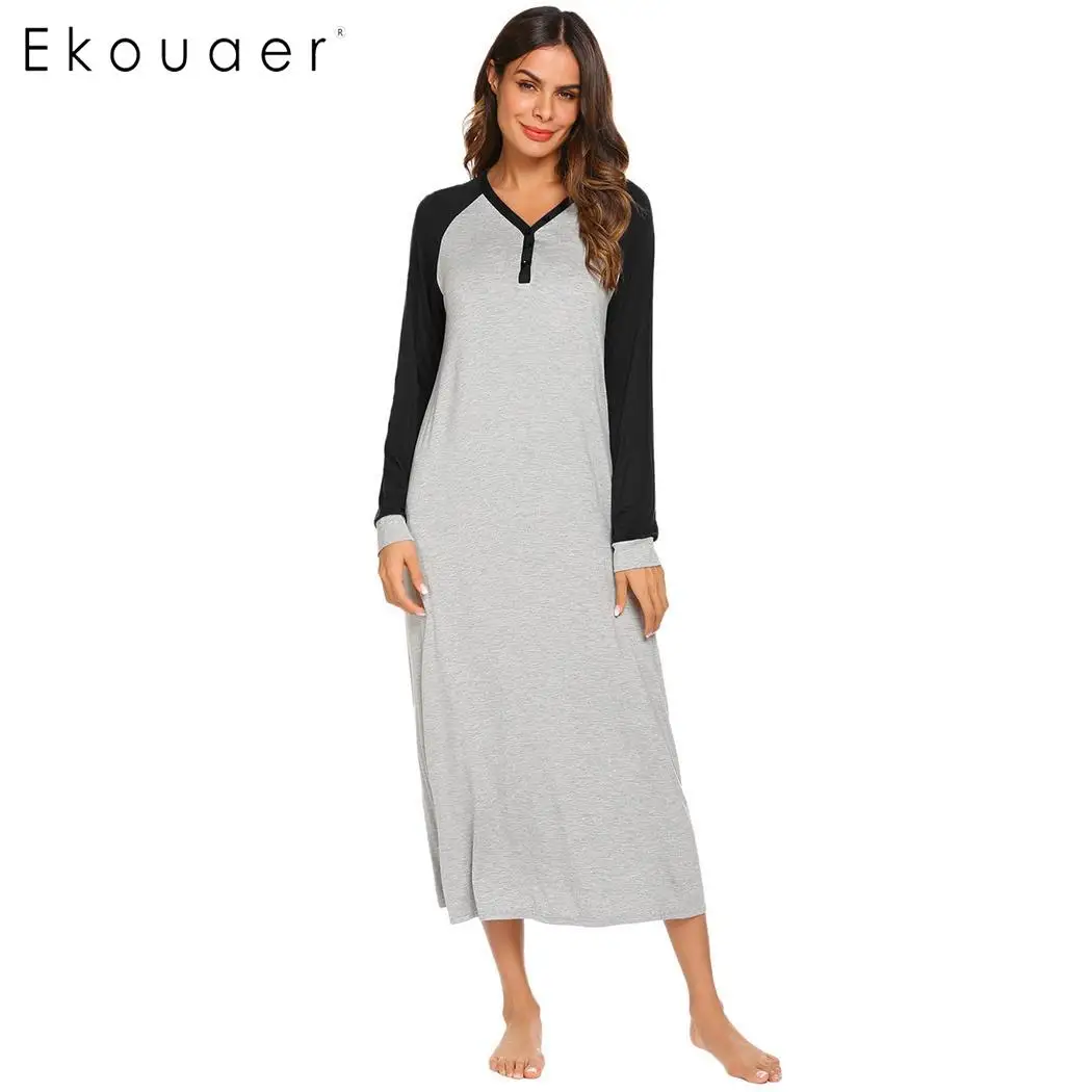 Black Ekouaer, Длинное ночное платье, сорочка, ночная рубашка, одежда для сна, Женская Повседневная Пижама с длинным рукавом, пэчворк, v-образный вырез, ночная рубашка размера плюс - Цвет: Black