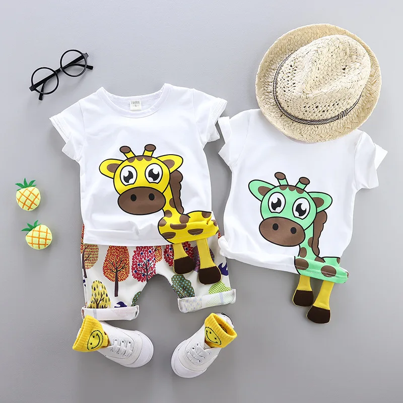 Cool Summer Children Baby Cotton Clothes Cartoon Giraffe T-Shirt Shorts 2pcs/Sets Child Toddler Boys Girls Clothing Tracksuits | Детская