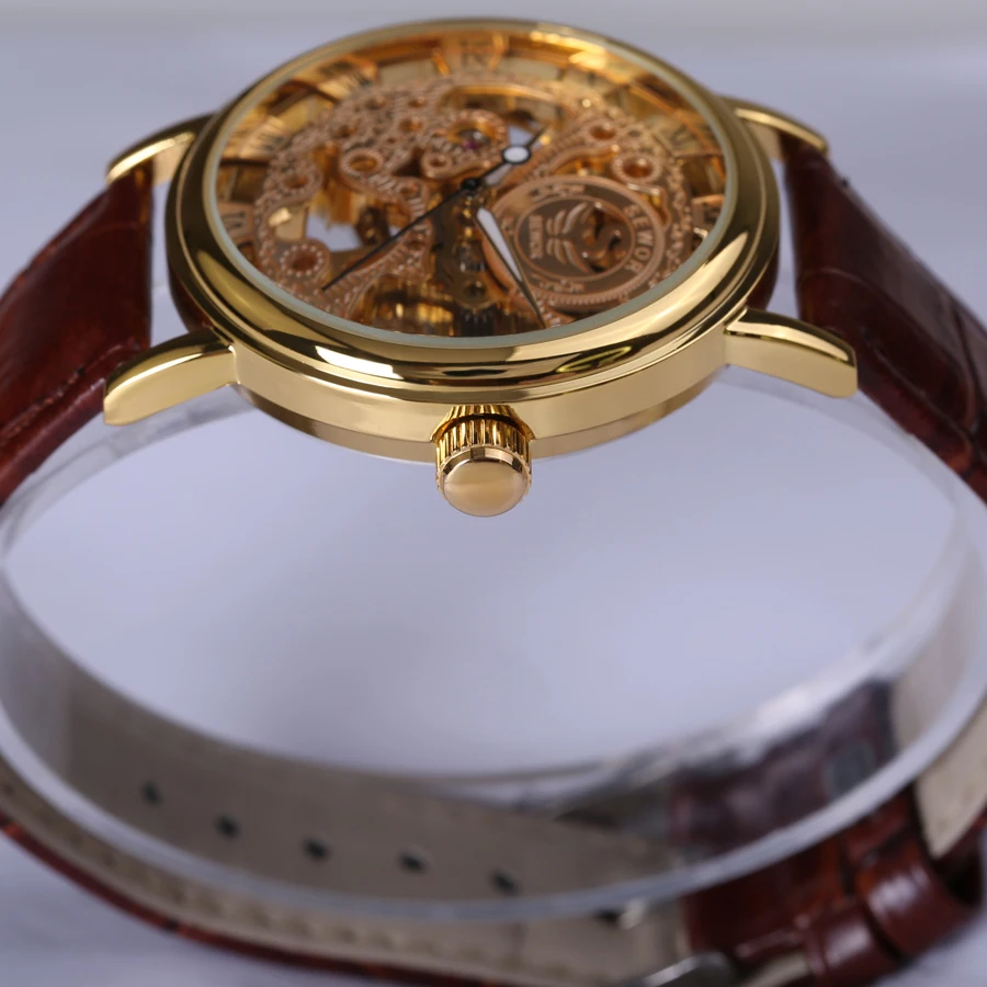 Мужские механические часы скелетоны на кожаном ремешке|clock brand|clock steampunkclock gold men |