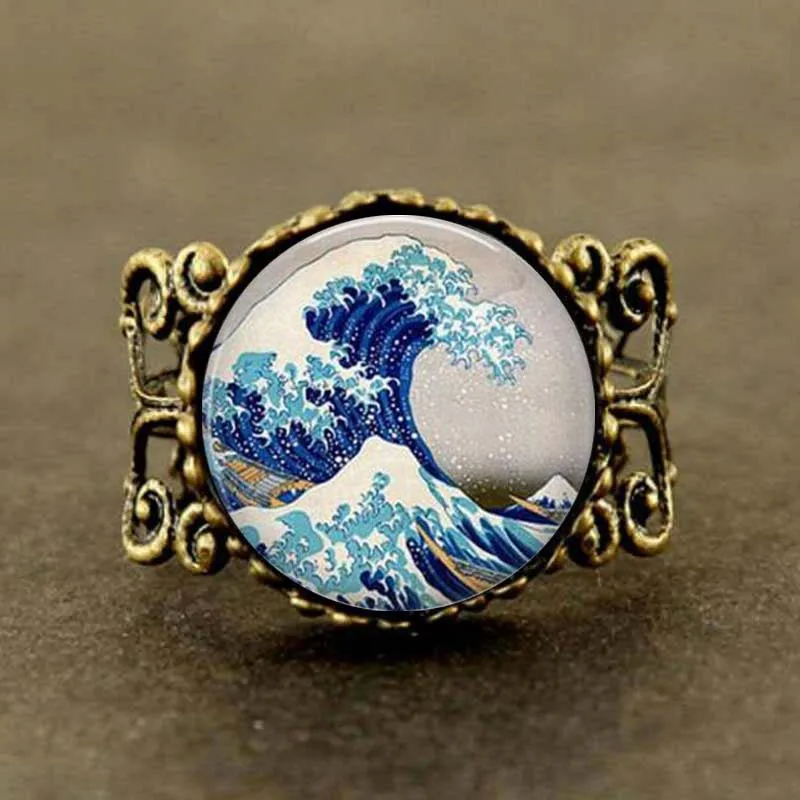 Большое волнистое кольцо Kanagawa ручной работы-дыхательная волна-японский