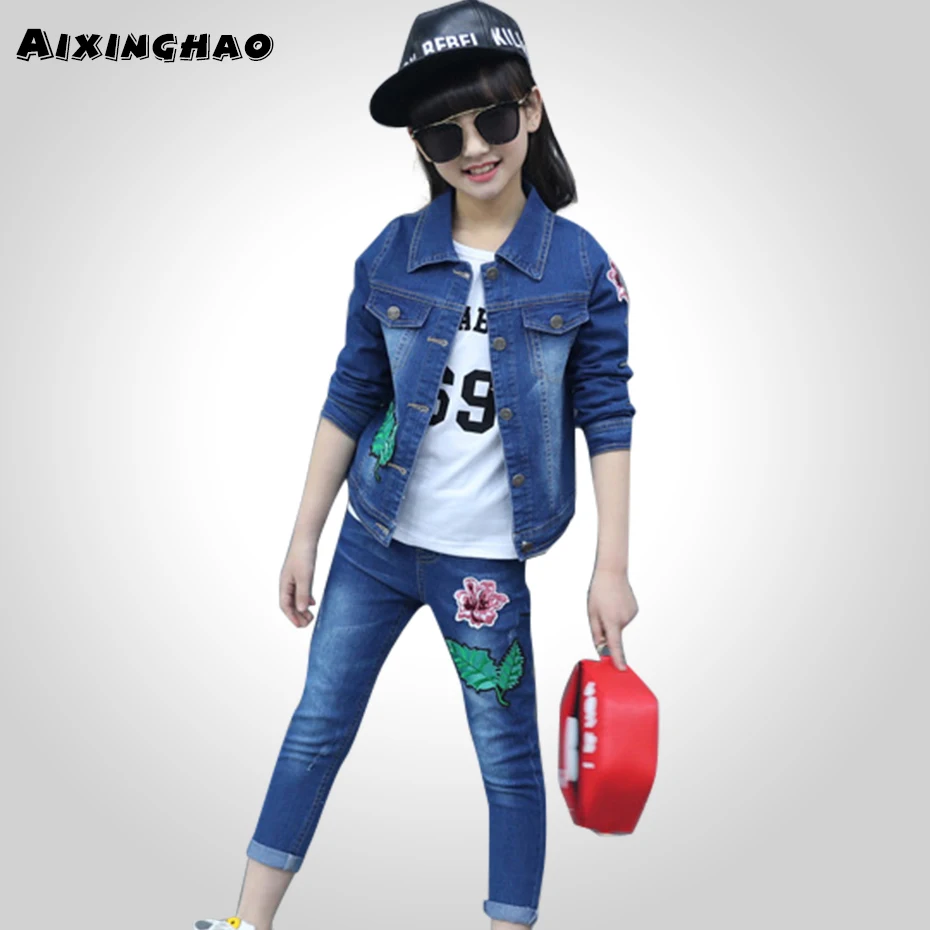 Одежда для девочек джинсовые куртки с цветочным принтом + джинсы комплект одежды