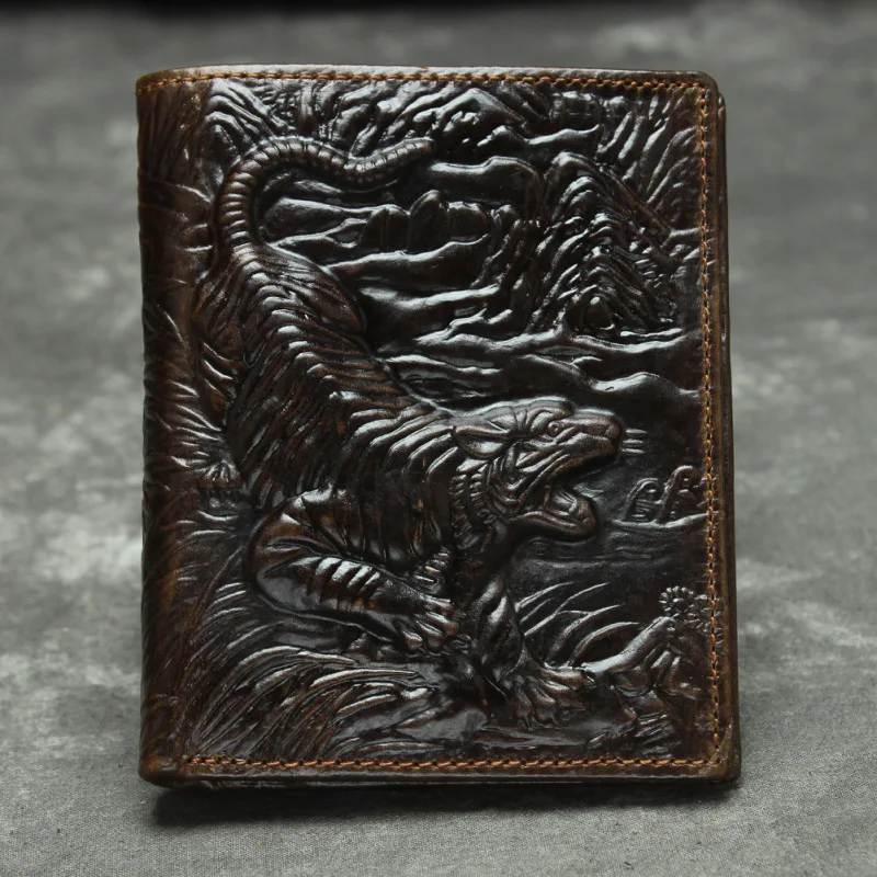 Фото Retro Mens Wallet Leather Genuine Minimalist Wallet for Men Three-dimensional Tiger Pattern Male Purse Small Money Case №5