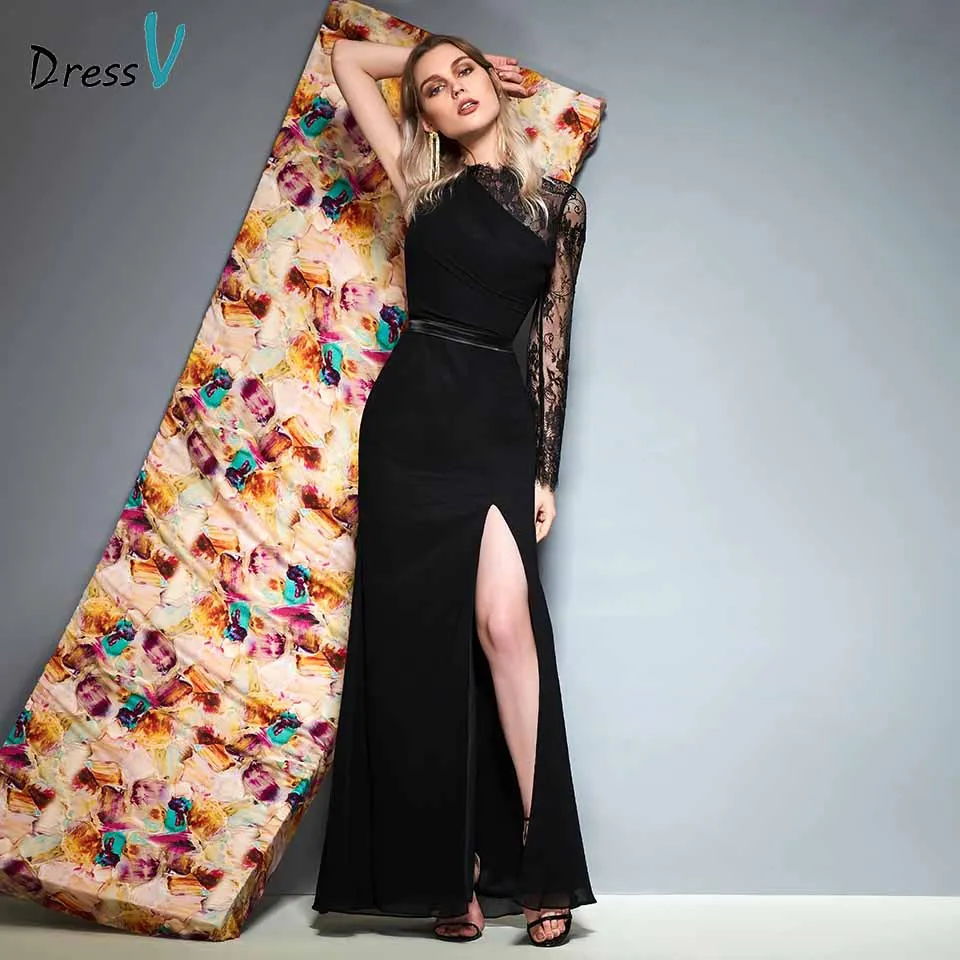 

Черное вечернее платье Dressv на одно плечо с длинным рукавом длиной до пола кружевное вечернее платье-Русалка для свадебвечерние НКИ вечерне...