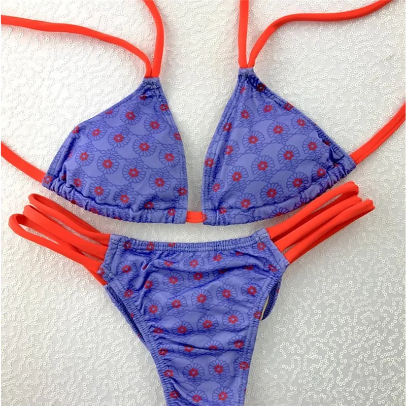 

Women Purple Bikini Set 2018 New Sexy Push-up Floral Print Bandage Bikini Set Swimsuit Triangle Swimwear Low Waist Bathing Suit
