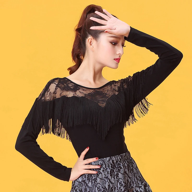 

Женский кружевной топ с длинным рукавом и круглым вырезом, для латиноамериканских танцев