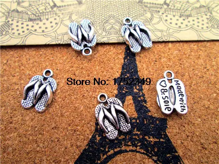 

30PCS Slippers Charm 3D Antique silver tone Flip Flops Pendants,made of soie16x10mm