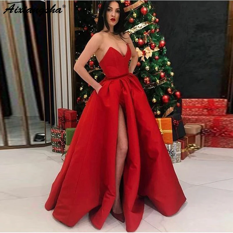 

Dark Red robe de soiree Long Prom Gown with Pockets Sweetheart Ball Gown V Neck High Split Satin Evening Party Formal Dress