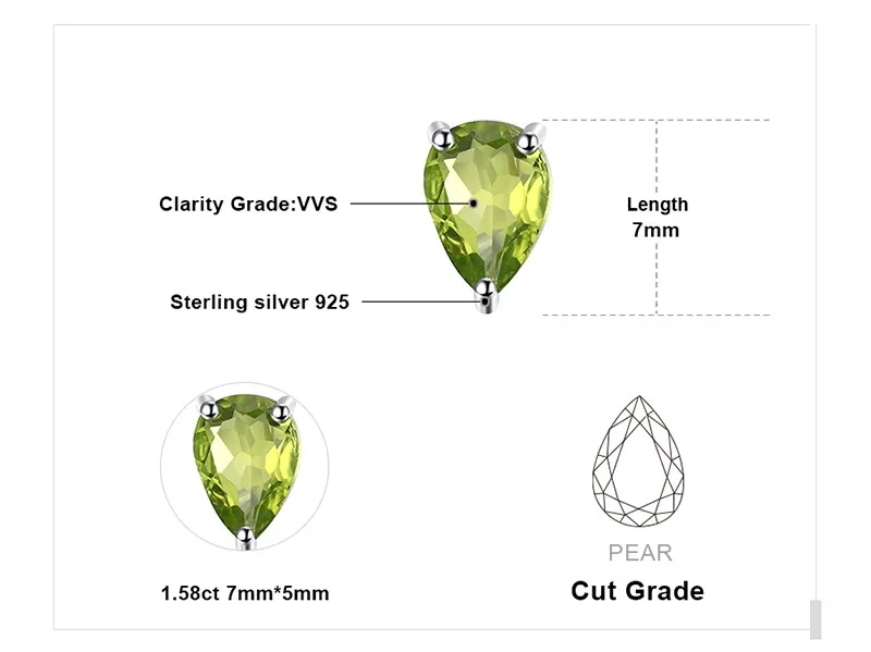 Jewelrypalace груша 1.6ct Натуральный Зеленый Перидот Камень Серьги-гвоздики Твердые стерлингового серебра 925 новинка года украшения для Для женщин