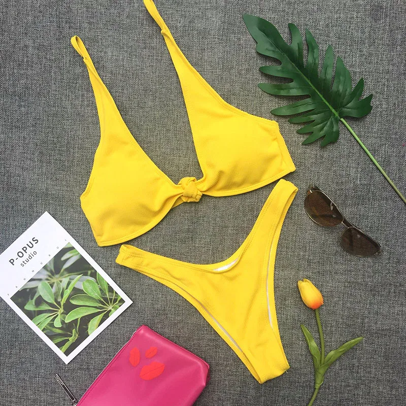 Solid Tied Bandage Women Sexy Bikini Sets Push Up Bow High Quality Swimwear Biquini Padded Adjustable Straps Maillot de bain M29 |