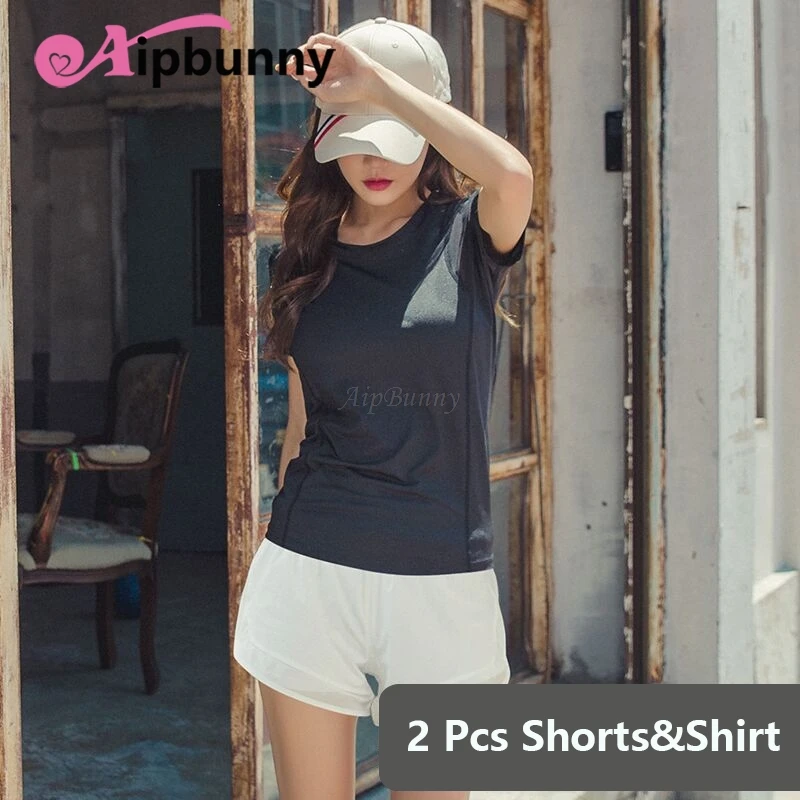 

Aipbunny 2019 Women Yoga Sport Set 2 Pieces Quick Dry Female Short-sleeved Shirt Sweats shorts Outdoor Sportswear Fitness suit