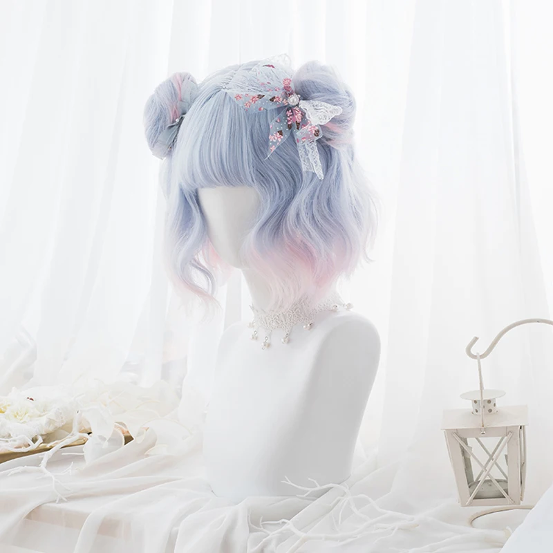 Kawaii красивые короткие вьющиеся женские волосы голубой уникальный парик