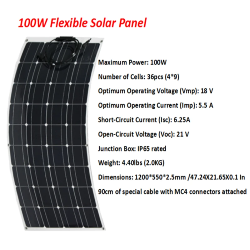 100 Вт Панели солнечные Гибкая монокристаллические фотоэлектрические ячейки