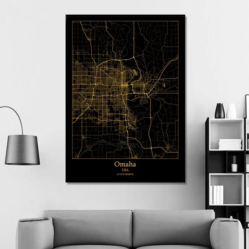 Oklahoma City USA Omaha Orlando Modern Gold Map Canvas Art Print Home Room Decor Poster | Дом и сад