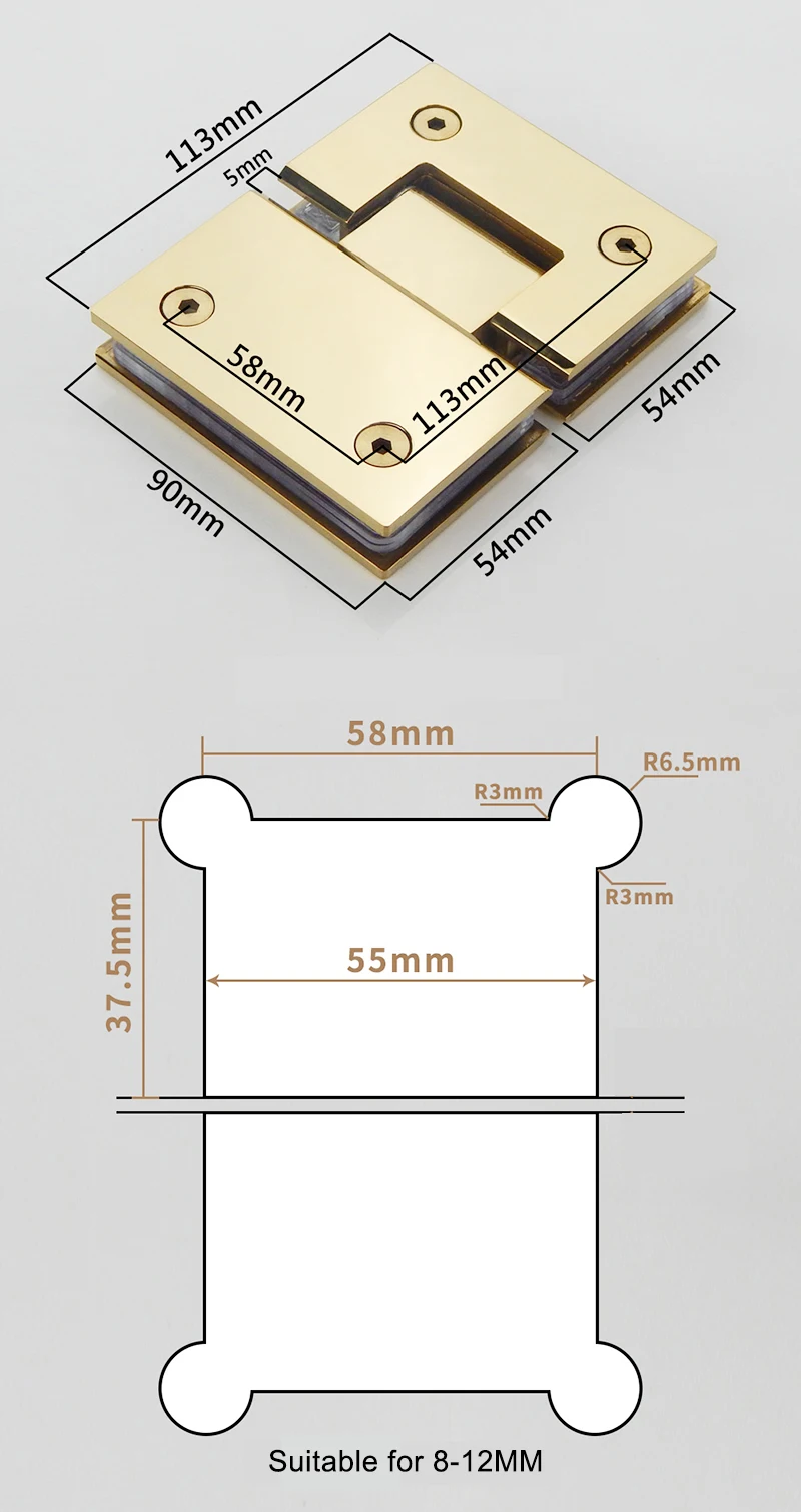 Glass Door Bathrooms Gold Stainless Steel 304 Wall Mount Black Glass Shower Door Hinge(180 Degrees is open