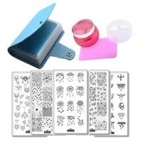 5pc geometry animal leaf nail stamping plates1pc blue 20slots plate holder1pc rose gold metal handle jelly stamper scraper set